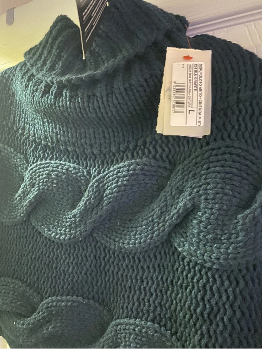 Pinko Blue Graphite Cable Knit Poncho, Wool Blend, Size L